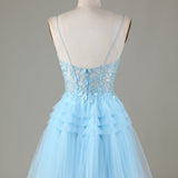 Light Blue Sheer Bodice Ruffle Tiered Short Homecoming Dress