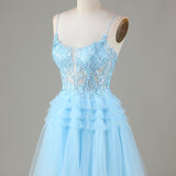 Light Blue Sheer Bodice Ruffle Tiered Short Homecoming Dress