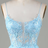 Light Blue Sheer Bodice Ruffle Tiered Short Homecoming Dress
