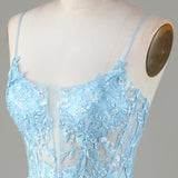 Light Blue Sheer Bodice Ruffle Tiered Short Homecoming Dress