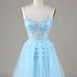 Light Blue Sheer Bodice Ruffle Tiered Short Homecoming Dress