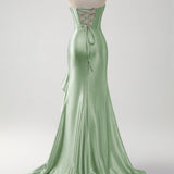 Sparkly Grey Blue Mermaid Strapless Ruffle Corset Satin Long Prom Dress with Slit