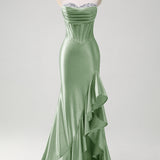 Sparkly Grey Blue Mermaid Strapless Ruffle Corset Satin Long Prom Dress with Slit