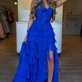 Lira | Hot Pink Chiffon Sweetheart Tiered Ruffles Prom Dress with Slit