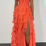 Lira | Hot Pink Chiffon Sweetheart Tiered Ruffles Prom Dress with Slit