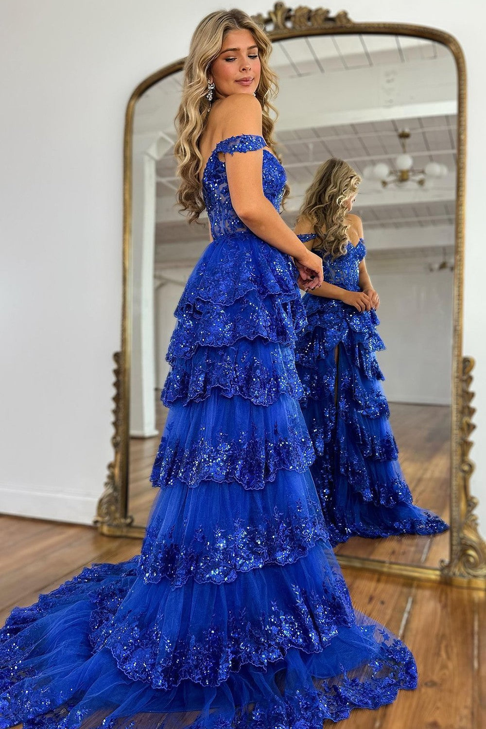 Nola | Glitter Lavender A-Line Lace Off The Shoulder Long Tiered Prom Dress With Split