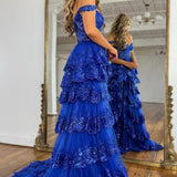 Nola | Glitter Lavender A-Line Lace Off The Shoulder Long Tiered Prom Dress With Split