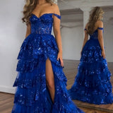 Nola | Glitter Lavender A-Line Lace Off The Shoulder Long Tiered Prom Dress With Split