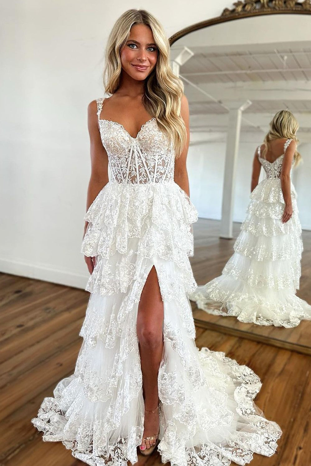 Nola | Glitter Lavender A-Line Lace Off The Shoulder Long Tiered Prom Dress With Split