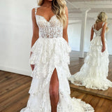 Nola | Glitter Lavender A-Line Lace Off The Shoulder Long Tiered Prom Dress With Split