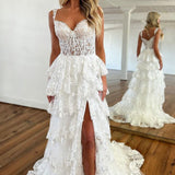 Nola | Glitter Lavender A-Line Lace Off The Shoulder Long Tiered Prom Dress With Split