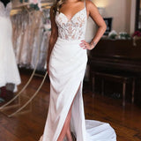 Emmie | Sheath White Lace-Up Back Wedding Dress with Slit