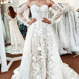 Treasure | Ivory Lace A-Line Detachable Long Sleeves Corset Long Wedding Dress