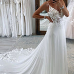 Rayna | White Long Chiffon Boho A-Line Wedding Dress with Lace