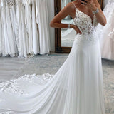 Rayna | White Long Chiffon Boho A-Line Wedding Dress with Lace