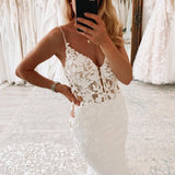 Taytum | White Spaghetti Straps Backless Long Wedding Dress with Lace