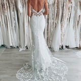 Taytum | White Spaghetti Straps Backless Long Wedding Dress with Lace