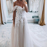 Noor | A-Line Ivory Off the Shoulder Long Wedding Dress with Lace Appliques