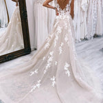 Promise | Ivory A-Line Ivory V-Neck Long Tulle Wedding Dress with Appliques