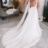 Zoya | Ivory A-Line Watteau Train Boho Long Chiffon Wedding Dress with Lace