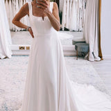 Bridget | Simple White Square Neck Boho Long Chiffon Wedding Dress