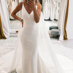 Kai | Simple White Watteau Train Boho Long Mermaid Wedding Dress