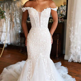Amoura | Mermaid White Lace Sweep Train Long Wedding Dress with Appliques