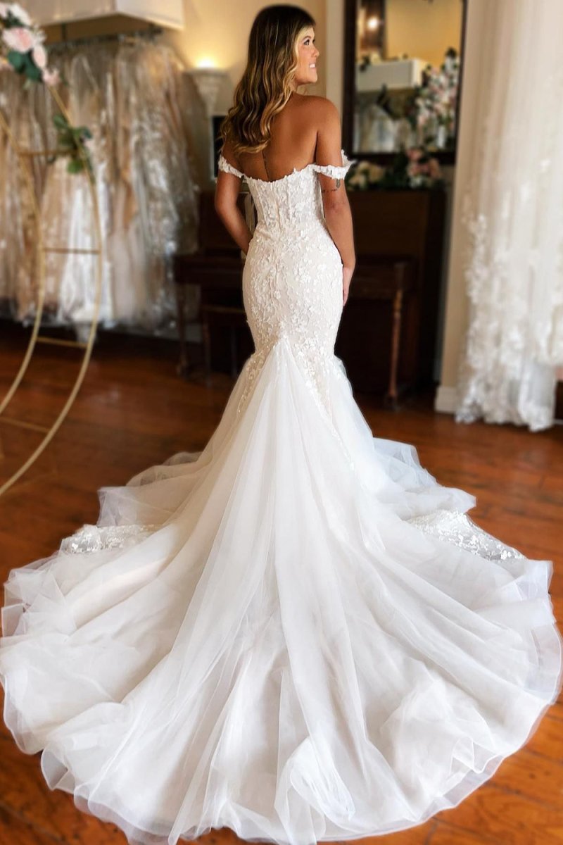 Amoura | Mermaid White Lace Sweep Train Long Wedding Dress with Appliques