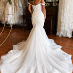 Amoura | Mermaid White Lace Sweep Train Long Wedding Dress with Appliques