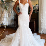 Amoura | Mermaid White Lace Sweep Train Long Wedding Dress with Appliques