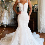 Amoura | Mermaid White Lace Sweep Train Long Wedding Dress with Appliques