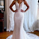 Jamie | Sparkly Mermaid White Lace Backless Sweep Train Long Wedding Dress