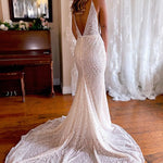 Jamie | Sparkly Mermaid White Lace Backless Sweep Train Long Wedding Dress