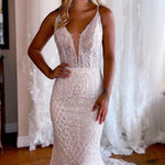 Jamie | Sparkly Mermaid White Lace Backless Sweep Train Long Wedding Dress