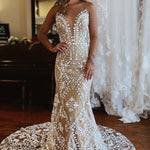 Kori | Champagne Illusion Boat Neck Mermaid Long Lace Wedding Dress