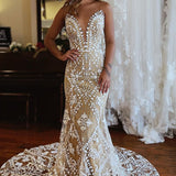 Kori | Champagne Illusion Boat Neck Mermaid Long Lace Wedding Dress