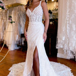 Belen | White V-Neck Sheath Long Lace Wedding Dress with Slit