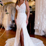 Belen | White V-Neck Sheath Long Lace Wedding Dress with Slit