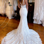 Belen | White V-Neck Sheath Long Lace Wedding Dress with Slit