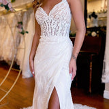 Belen | White V-Neck Sheath Long Lace Wedding Dress with Slit