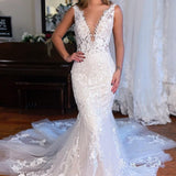Violeta | White V-Neck Mermaid Long Lace Wedding Dress