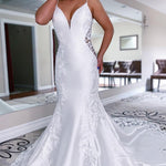 Christina | White Mermaid Long Satin Wedding Dress with Appliqued