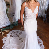 Kiana | White Boho Mermaid Spaghetti Straps Long Wedding Dress with Lace