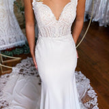 Kiana | White Boho Mermaid Spaghetti Straps Long Wedding Dress with Lace