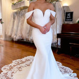 Brynleigh | White Boho Mermaid Off the Shoulder Long Wedding Dress with Lace