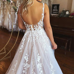 Bria | Ivory A-Line V-Neck Backless Long Lace Wedding Dress