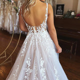 Bria | Ivory A-Line V-Neck Backless Long Lace Wedding Dress