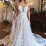 Bria | Ivory A-Line V-Neck Backless Long Lace Wedding Dress