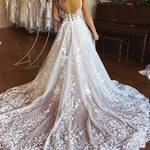 Bria | Ivory A-Line V-Neck Backless Long Lace Wedding Dress