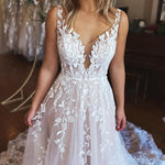 Bria | Ivory A-Line V-Neck Backless Long Lace Wedding Dress